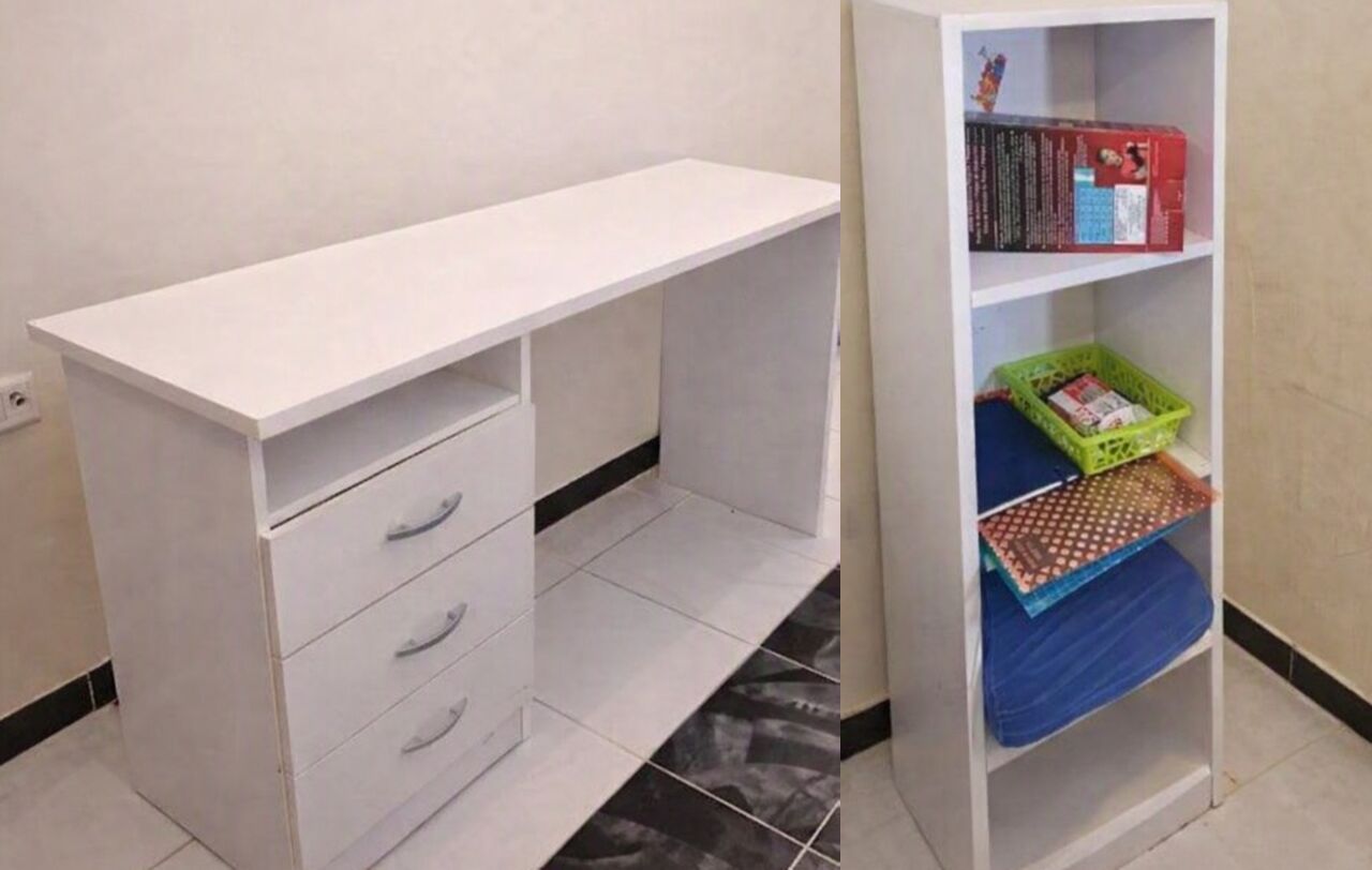 Al Aziziyah, Furniture, SAR 200,  مكتب وارفف Desk (White) With Three (3) Drawers And Bookcase Shelf 4 Tier For Home Library