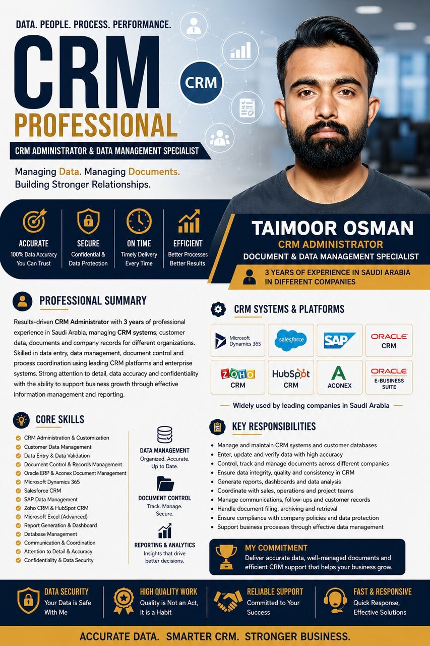Riyadh, Job Seekers, CRM Data Administrator & Record Specialist (3 Yrs Exp - Transferable Iqama)