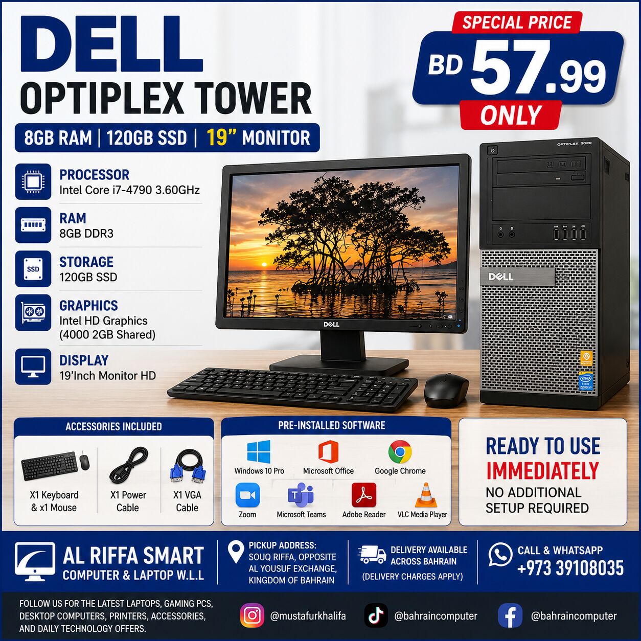 Riffa, Computers, BHD 57,  DELL OptiPlex Tower 8GB RAM 120GB SSD 19&rsquo;Inch Monitor 57.99 BD Only