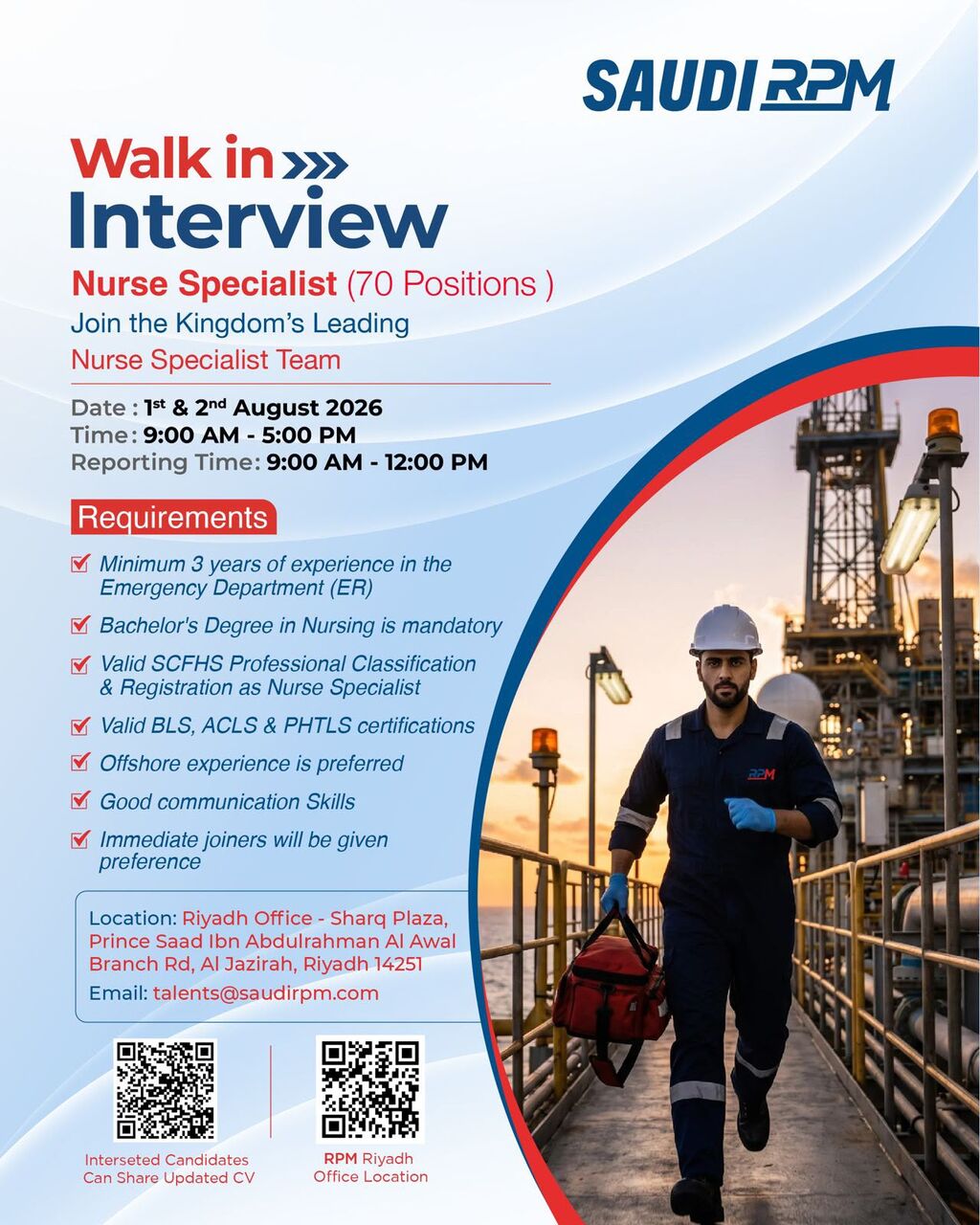 Riyadh, Jobs, Walk In Interview For Nurse Specialists, Ambulance Driver And EMTs - Riyadh