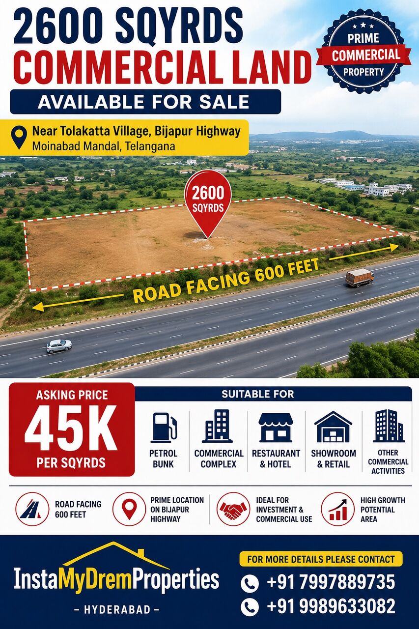 Hyderabad, Commercial Plots, INR 45000,  2600 Sq. Yard,  2600 Sqrds Commercial Land For Sale Near Moinabad - Tolkatta Village - Telangana