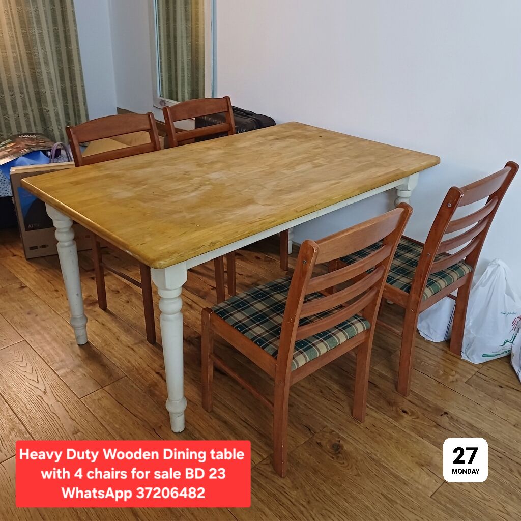 Manama, Furniture, BHD 23,  ✅️ Heavy Duty Wooden Dining Table With 4 Chairs For Sale In Good Condition With Delivery