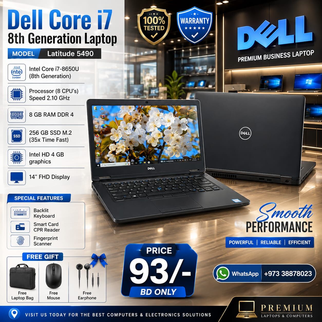 Manama, Tablet Computers, BHD 93,  DELL Core I7 8th Gen Laptop 8GB Ram 256GB SSD M.2 14" FHD FREE Bag, Mouse & Earphone