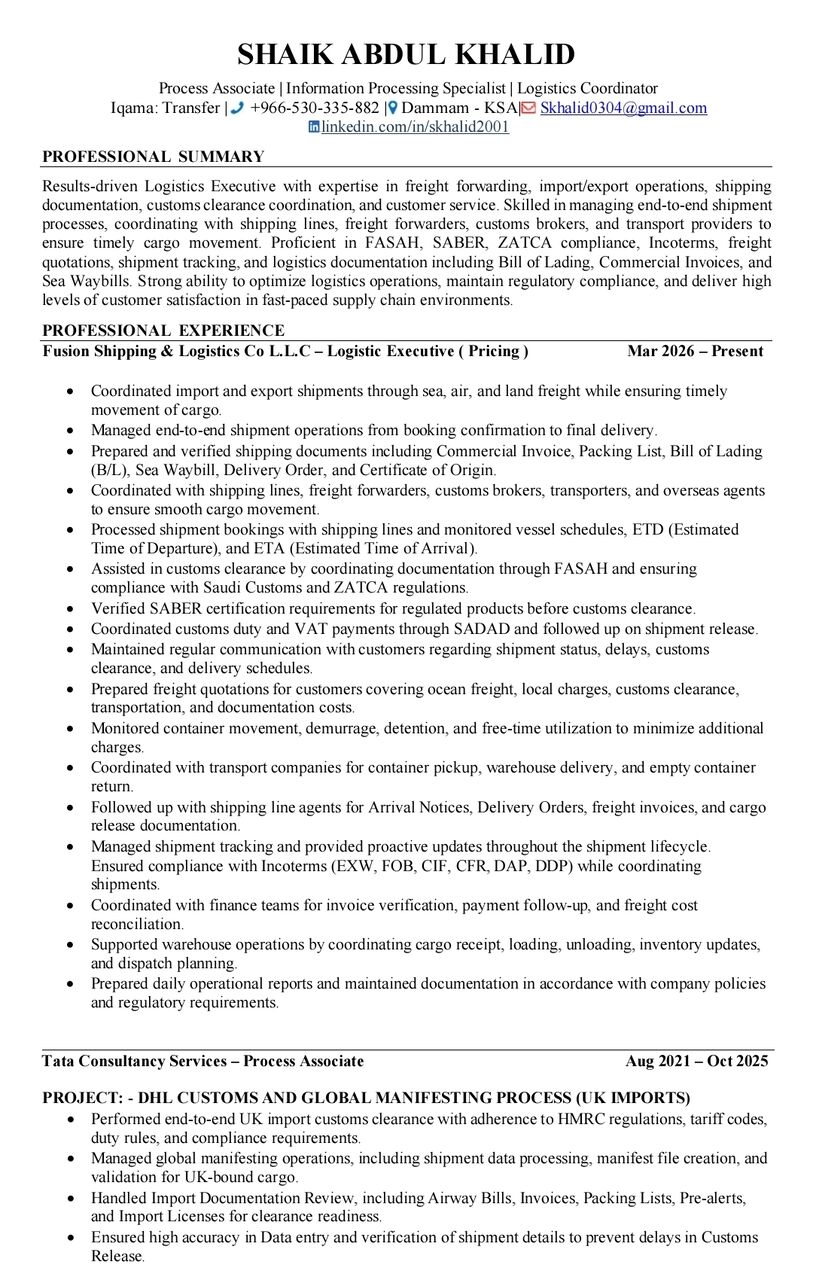 Jeddah, Job Seekers, Looking For A Job Opportunity - Logistics Operations/Coordinator