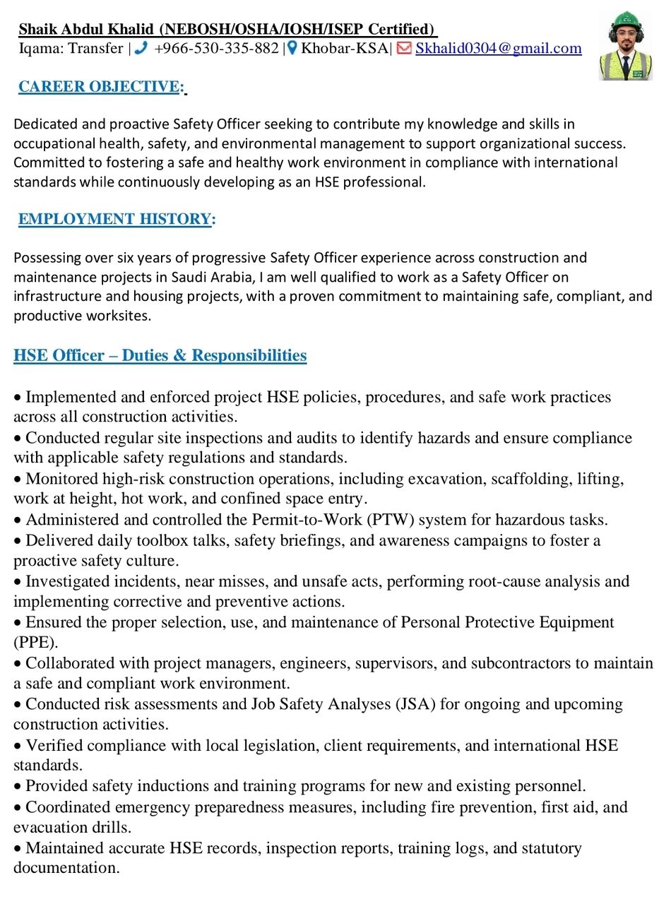 Riyadh, Job Seekers, Looking For A Job Opportunity - HSE - Safety Officer
