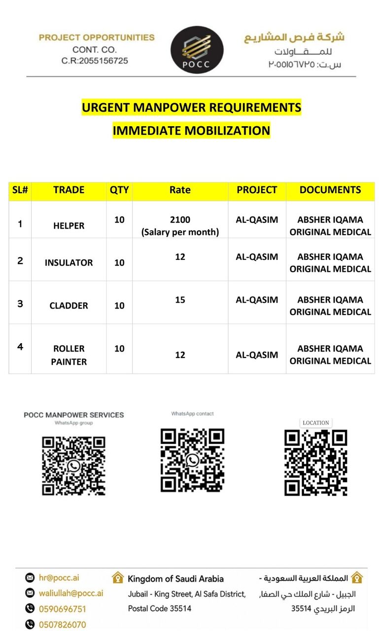 Jubail, Jobs, Urgent Requirement