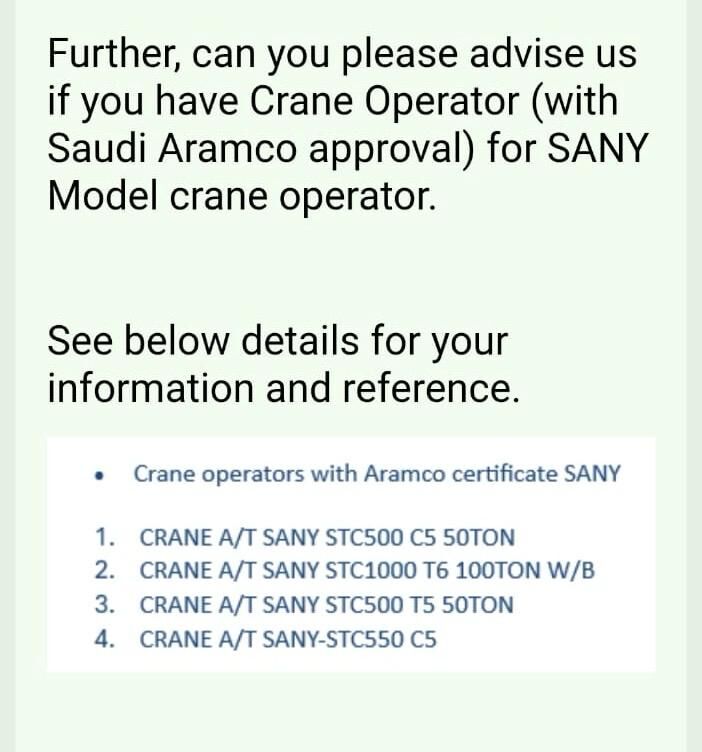 Jubail, Jobs, Crane Operator (Aramco Approval) For SANY Model