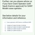 Crane Operator (Aramco Approval) For SANY Model