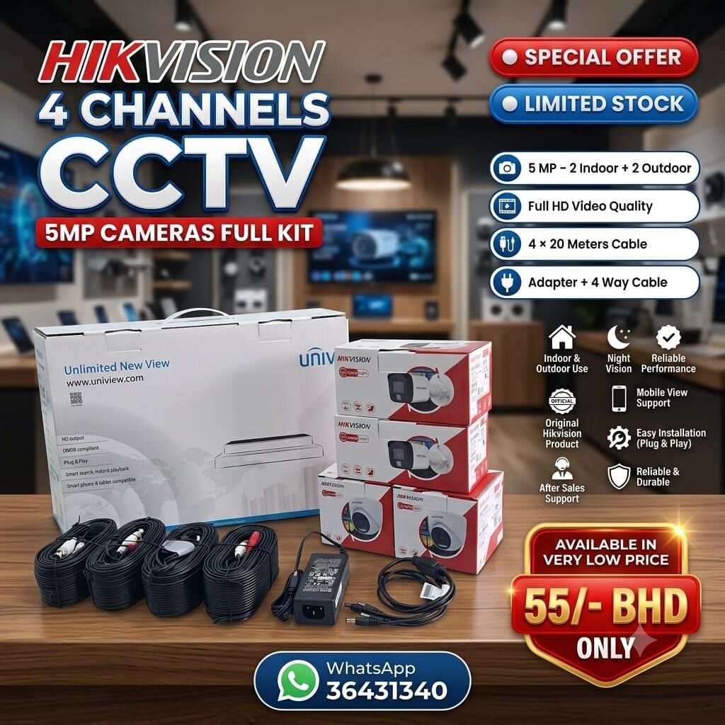 East Riffa, Computers, BHD 55,  New HIKVISION 5mp CCTV Full Kit 4 Channel DVR BoxPack With 5MP 4 Cameras + 20 Meters Cable