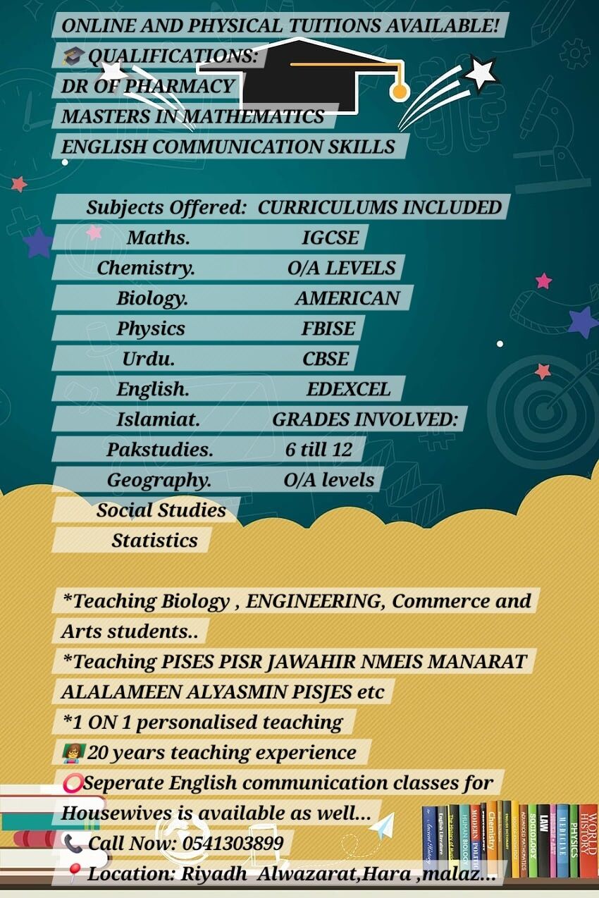 Riyadh, Lessons Offered, Tuitions Available For Grade 6 And Above