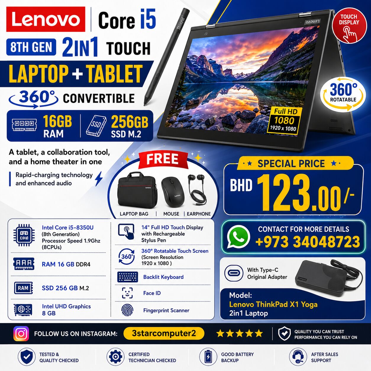Manama, Computers, BHD 123,  Lenovo Core I5 8th Gen 2in1 Touch Laptop + Tablet With Stylus Pen 16GB RAM FREE GIFTS