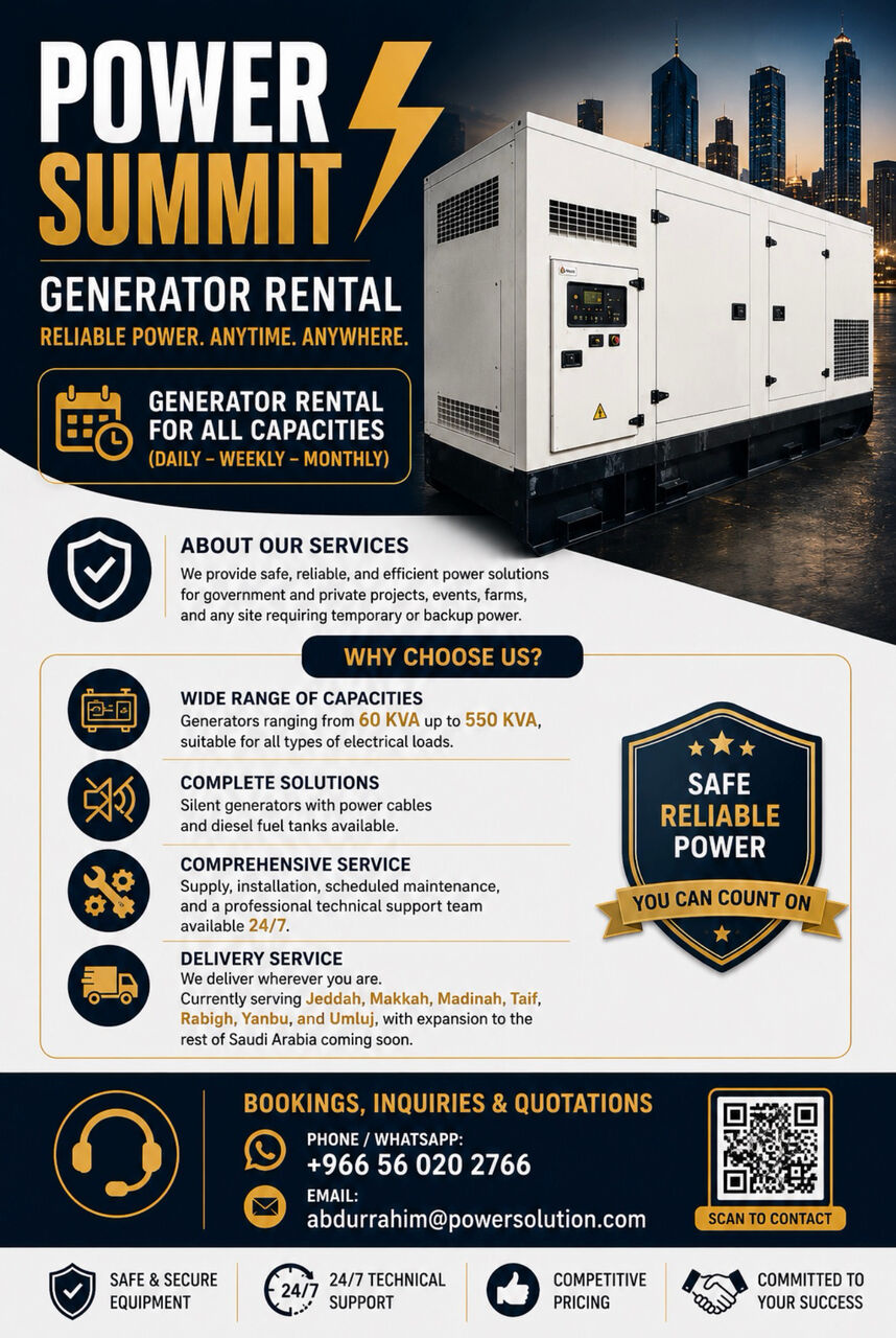 Jeddah, Equipment Rental, Generators For Rent, Ranging From 60 KVA To 550 KVA.