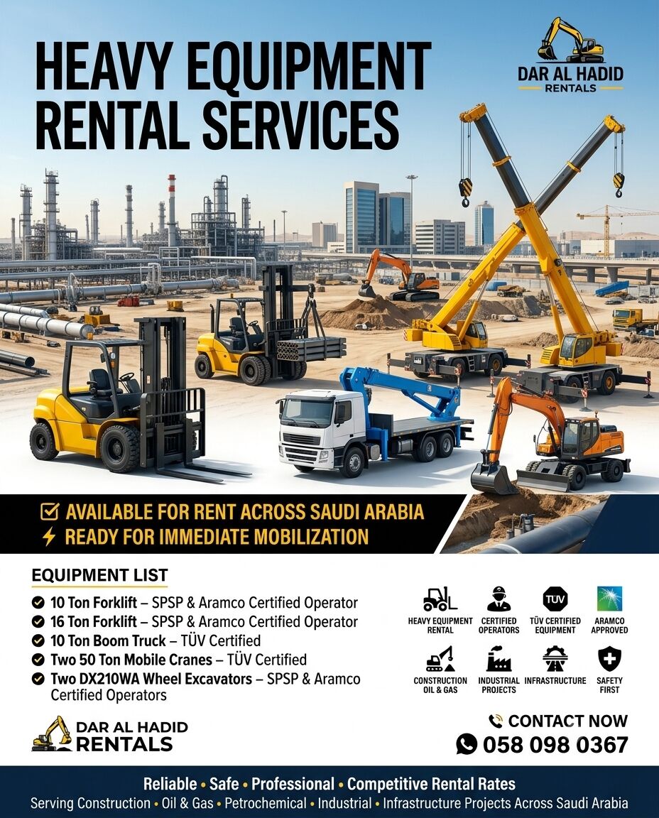 Dammam, Equipment Rental, HEAVY EQUIPMENT FOR RENT ACROSS SAUDI ARABIA