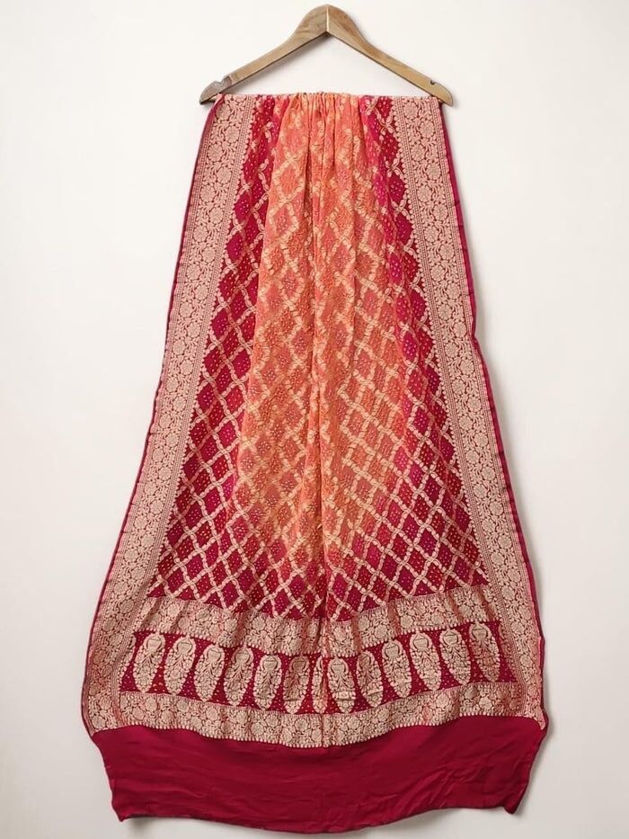 Jaipur, Clothing & Accessories, INR 7,  Red & Peach Shaded Banarasi Bandhani Pure Georgette Neemzari Gharchola Dupatta