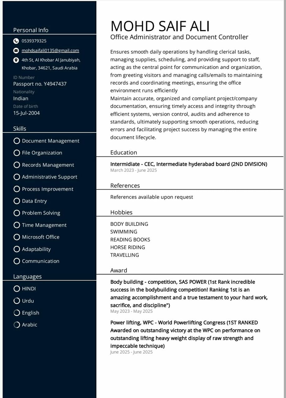 Khobar, Job Seekers, Document Controller And Administrator