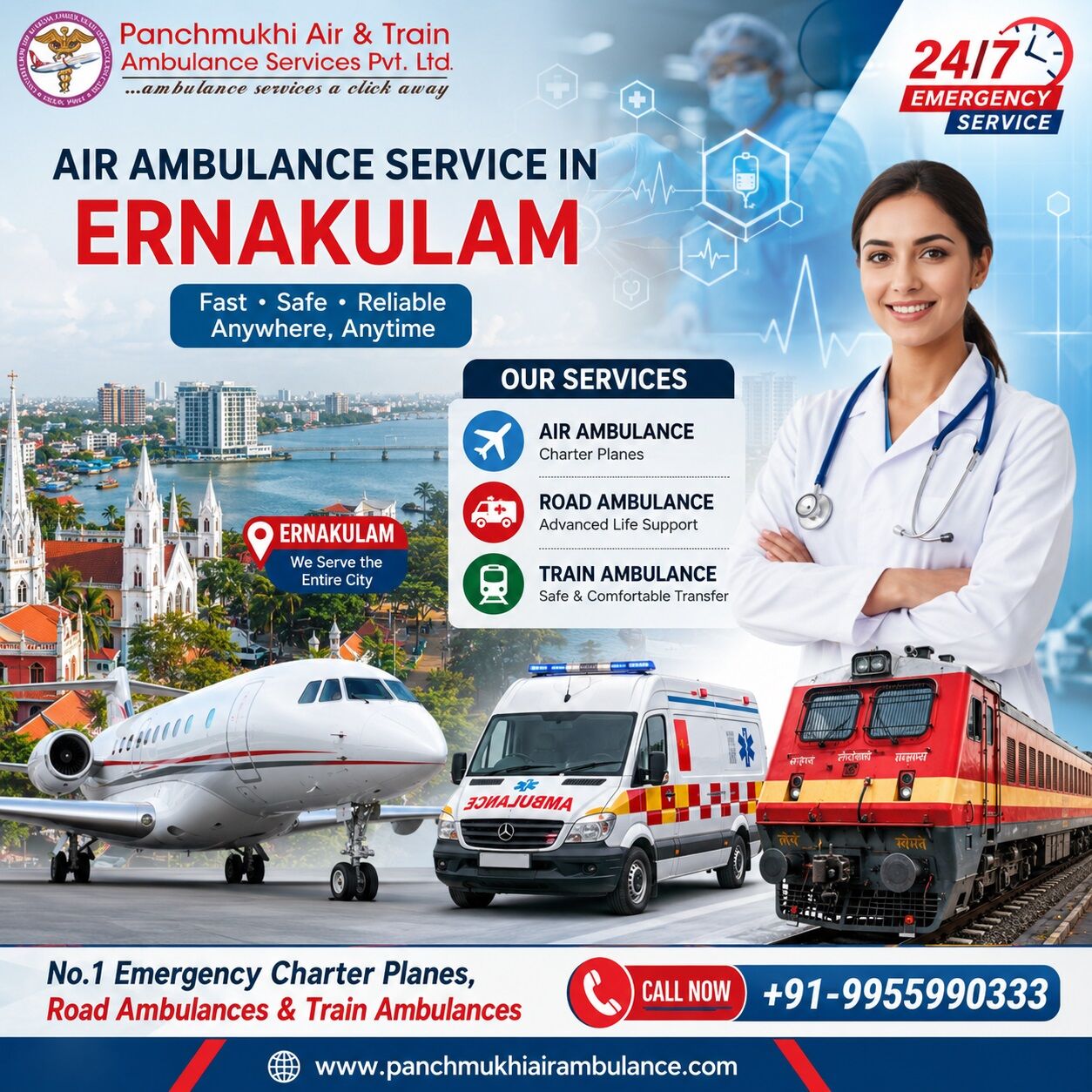 Panchmukhi Air and Train Ambulance in Ernakulam Provides a 24/7, Reliable Medical Transport Service