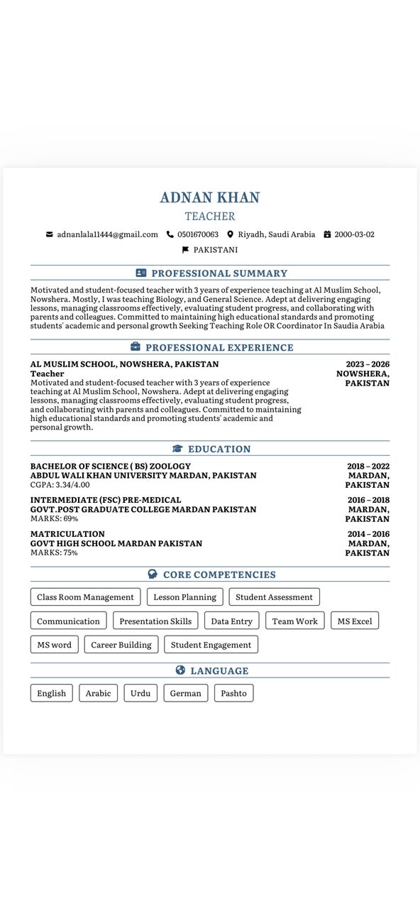 Riyadh, Job Seekers, Teacher/Cordinator / English Teacher/Biology Teacher/