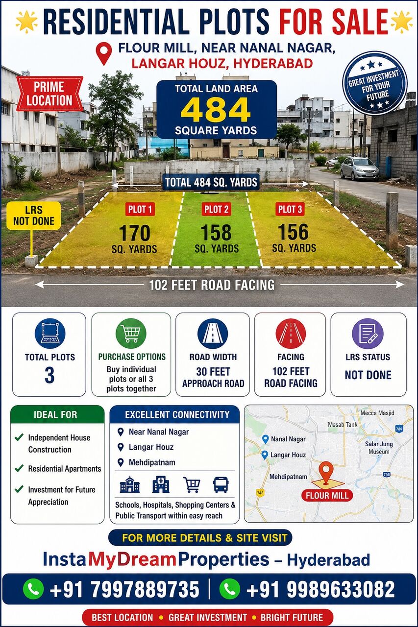 Hyderabad, Residential Plots, INR 130000,  484 Sq. Yard,  170,158 And 156 Sqrds 3 Plots For Sale At Near Nanal Nagar - Flour Mill -Langarhouse