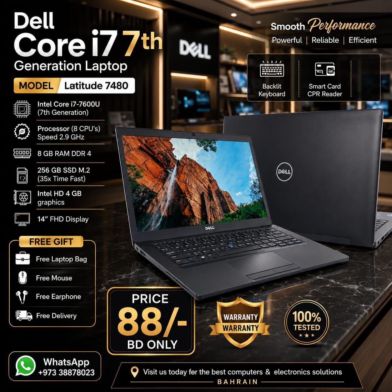 Manama, Computers, BHD 88,  Dell Core I7 7th Gen Laptop 8GB RAM 256GB SSD M.2 FREE Bag, Mouse,Earphone & FREE Delivery