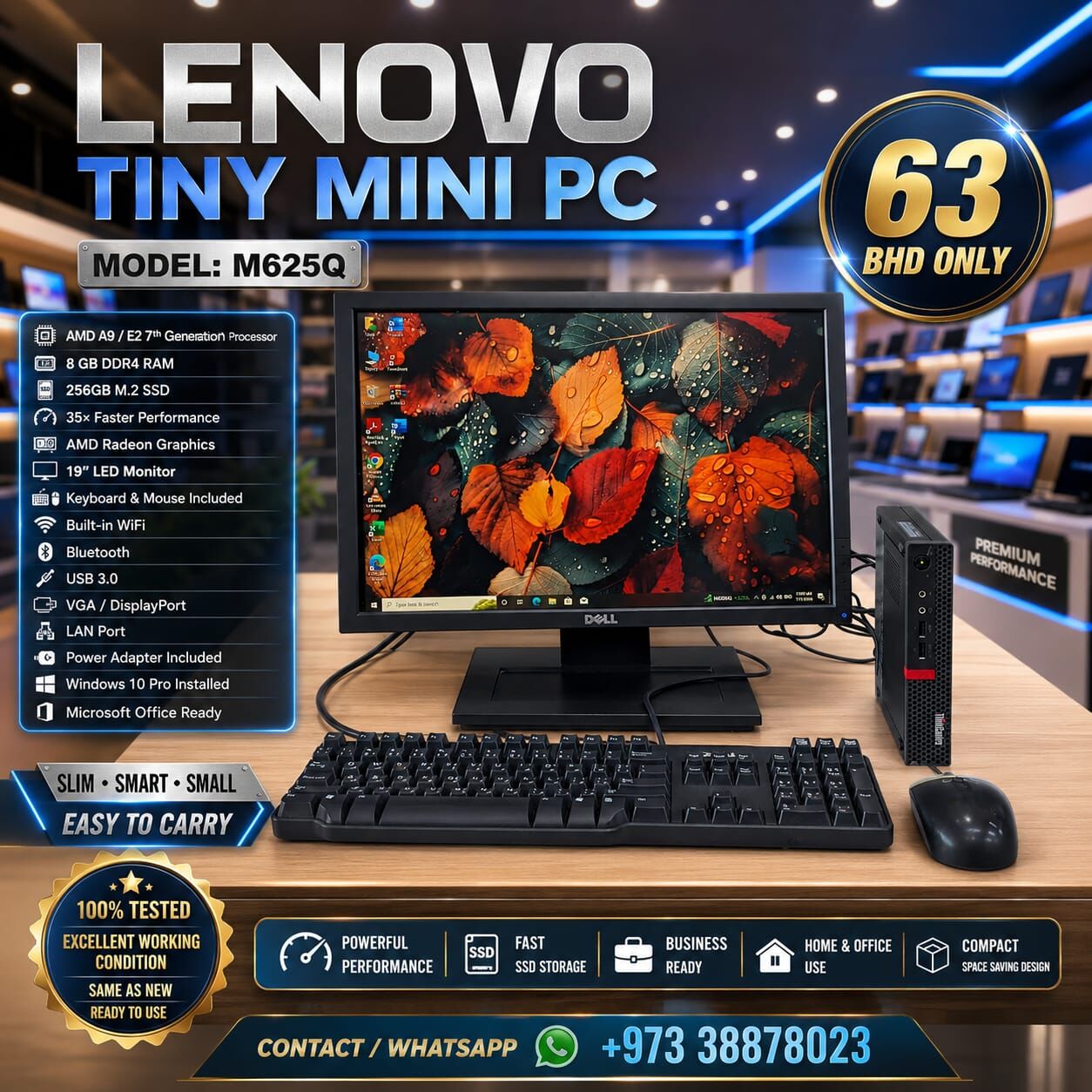 Manama, Computers, BHD 63,  Lenovo Tiny Mini PC AMD 7th Gen RAM 8GB SSD 256GB M.2 With 19" Mon Built-in WIFI Bluetooth