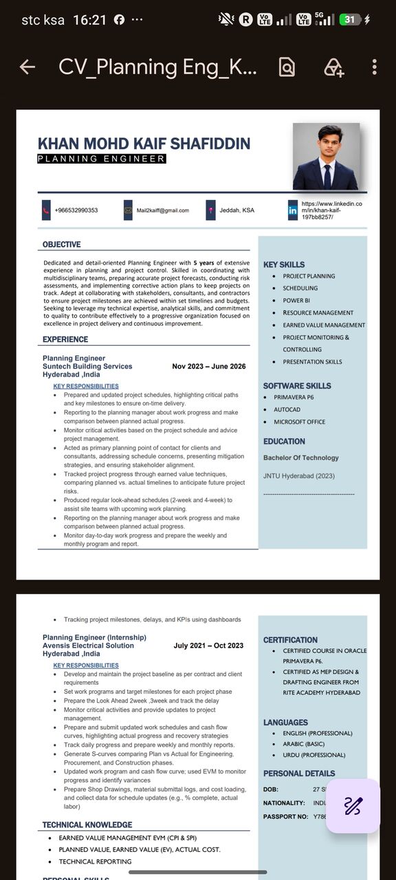 Riyadh, Job Seekers, Planning Engineer | Planner | Scheduler | Over 5 Year Experience