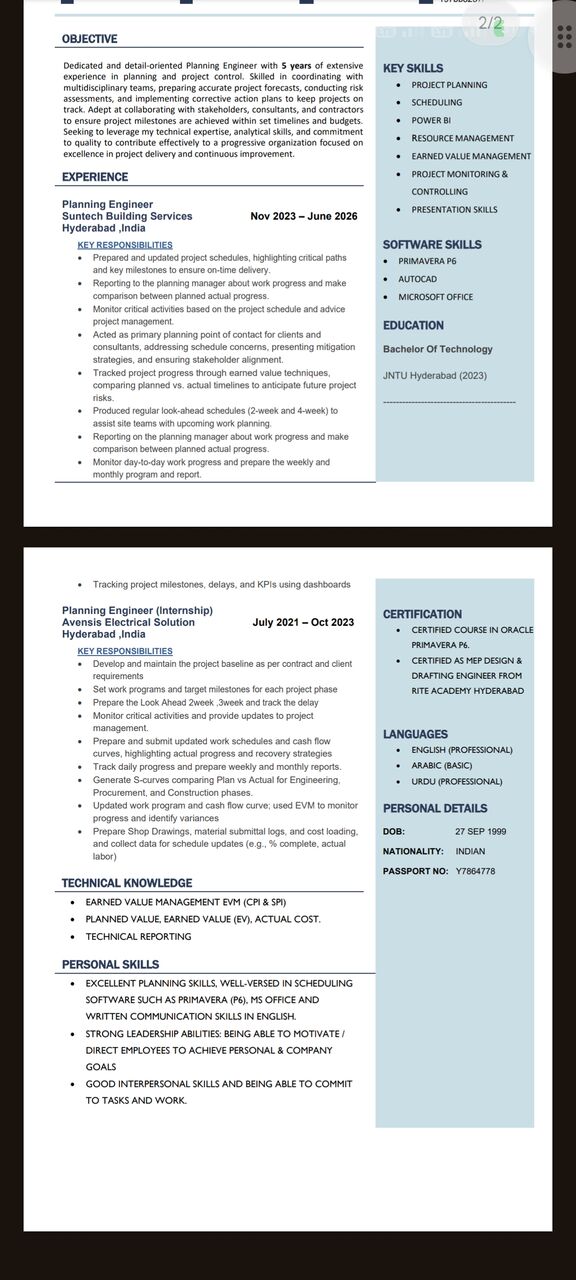 Riyadh, Job Seekers, Planning Engineer | Planner | Scheduler | Over 5 Year Experience