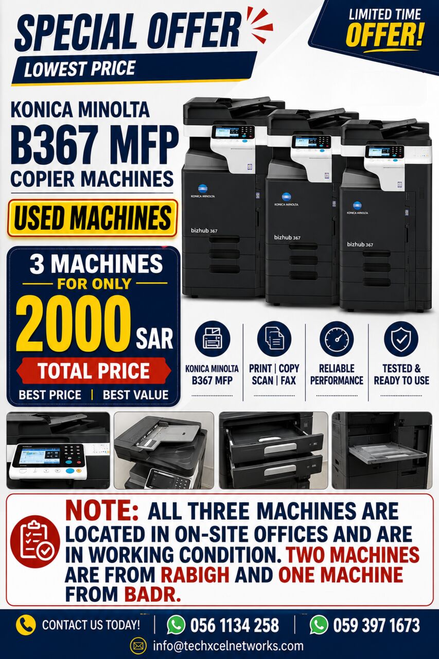 Jeddah, Computers, SAR 2000,  USED - Konica Minolta Bizhub 367 MFP Copier Machines. Only 2000 SAR