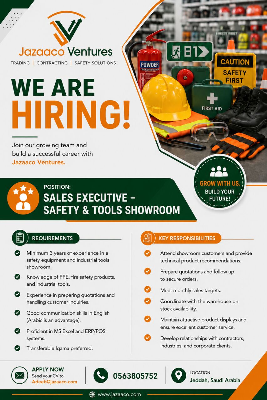 Riyadh, Jobs, Immediate Hiring: Sales Executive &ndash; Safety Equipment & Industrial Tools