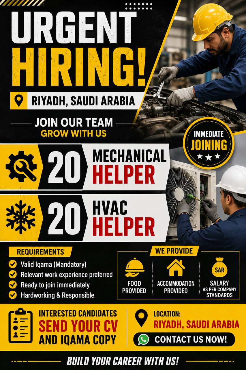 Riyadh, Jobs, Hiring 20 Mechanical Helper & Hvack Helper