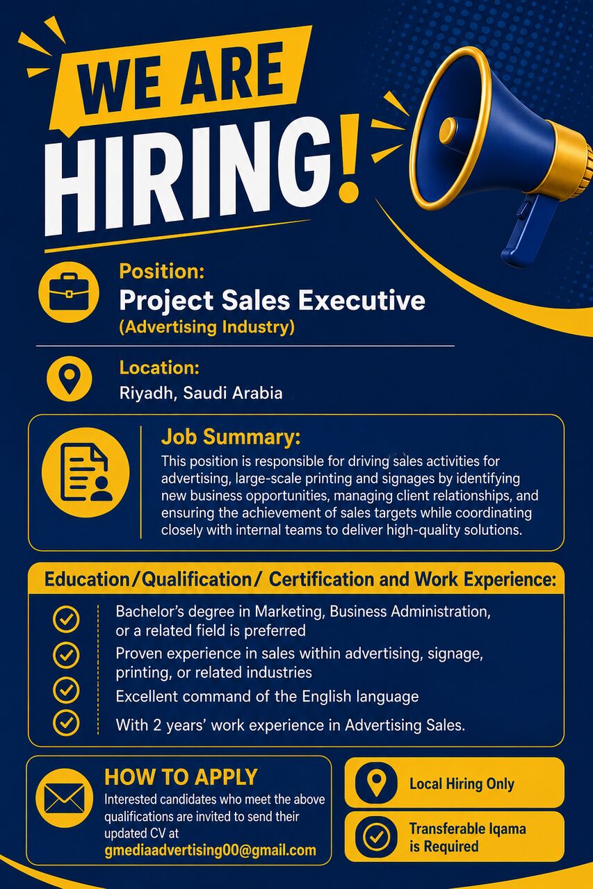 Riyadh, Jobs, Project Sales Executive (Advertising Industry)
