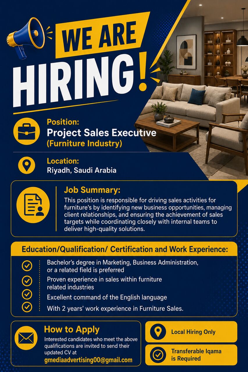 Riyadh, Jobs, Project Sales Executive (Furniture Industry)