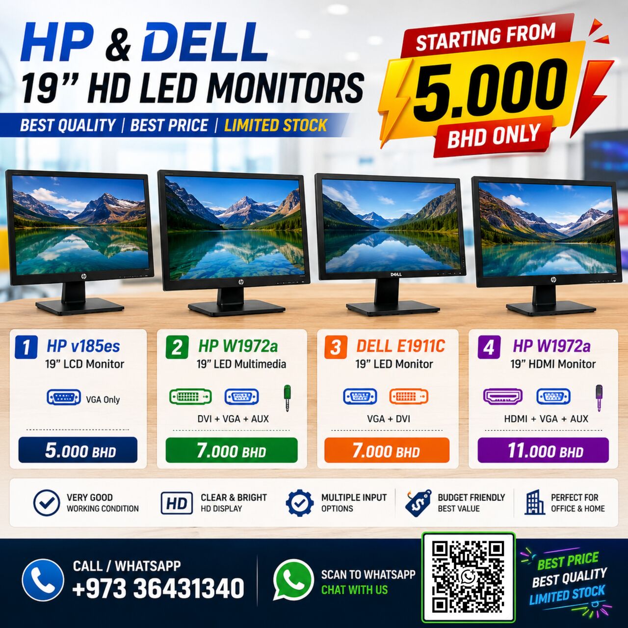 East Riffa, Computers, BHD 5,  HP 19" Wide HD LED Monitor Very Good Working Condition (Starting From 5/-BD Only) 36431340