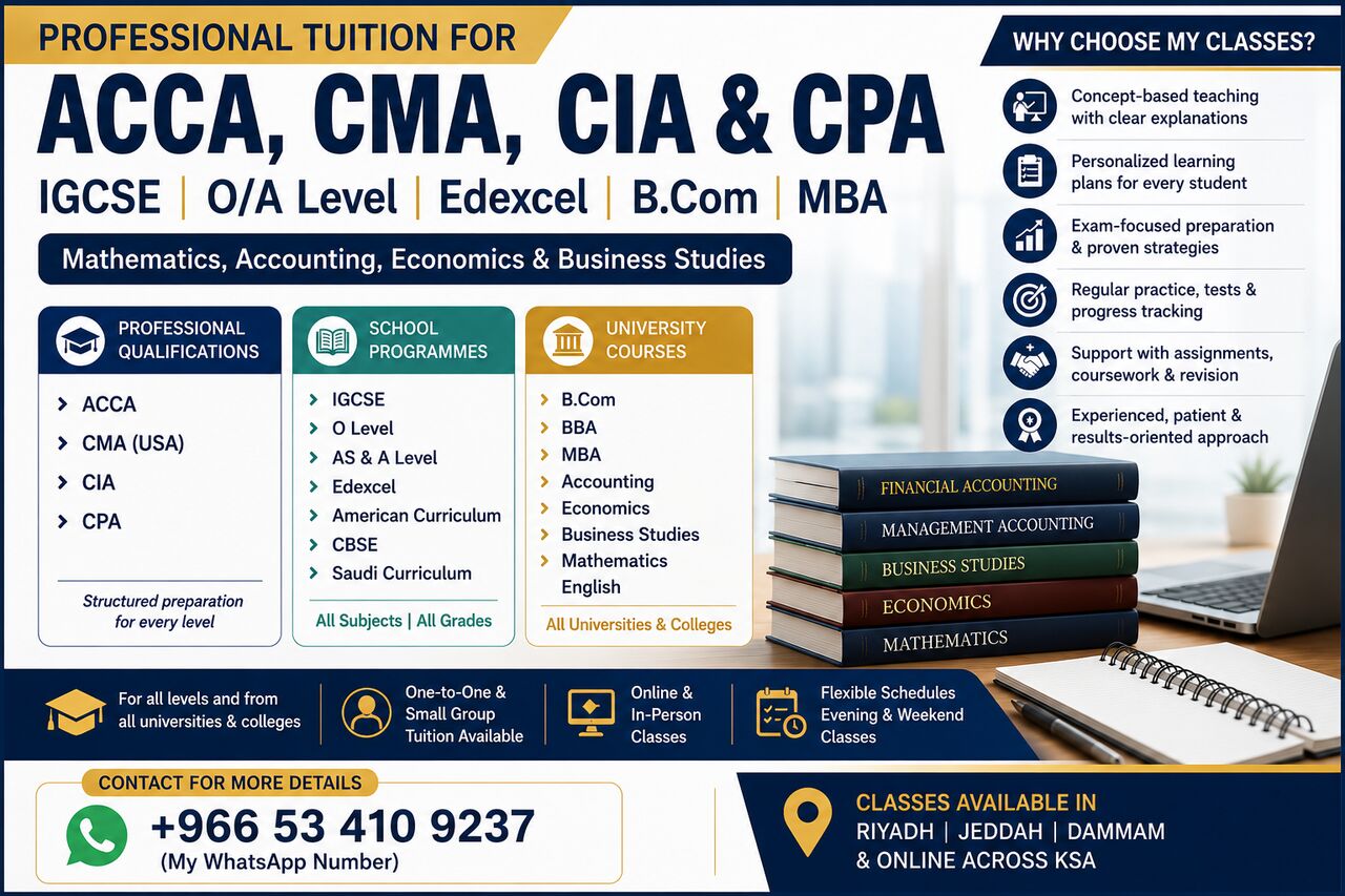 Al Aziziyah, Lessons Offered, ACCA, CMA, CIA & CPA | IGCSE, O/A Level, Edexcel | Math, Accounting & Business Tuition