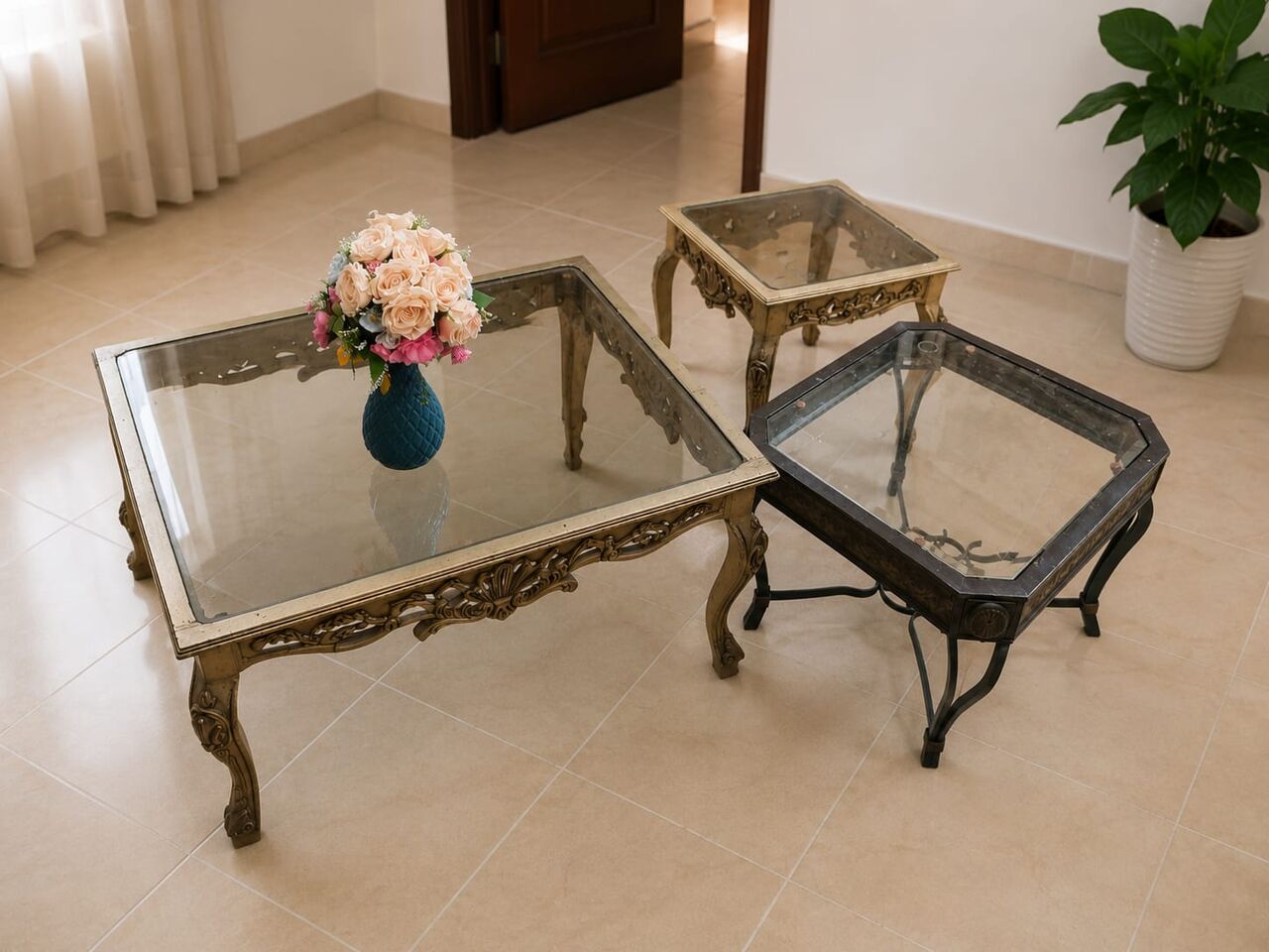 Al Ameer Fawwaz Junobi, Furniture, SAR 100,  3-Piece Vintage Glass Coffee Table Set &ndash; Solid & Elegant