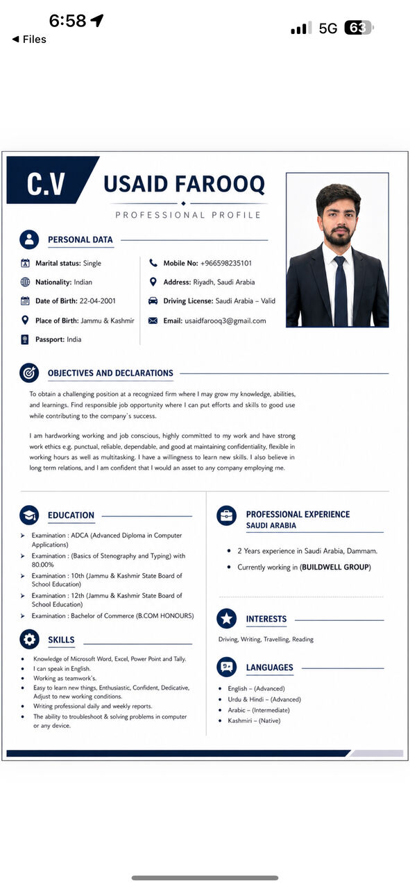 Riyadh, Job Seekers, 🔥 B.Com Graduate | Admin & Computer Specialist | Valid Saudi Driving License