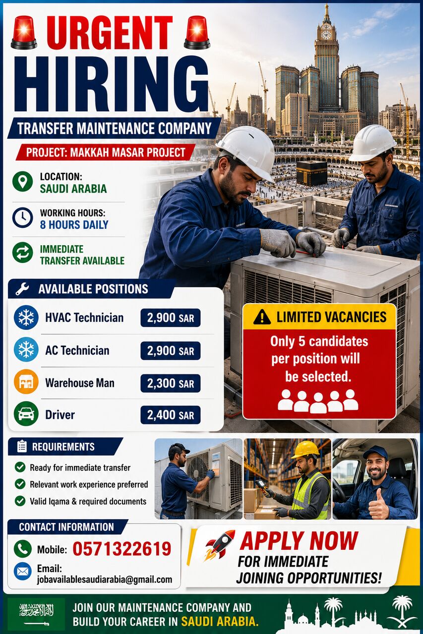 Riyadh, Jobs, URGENT HIRING &ndash; TRANSFER MAINTENANCE COMPANY