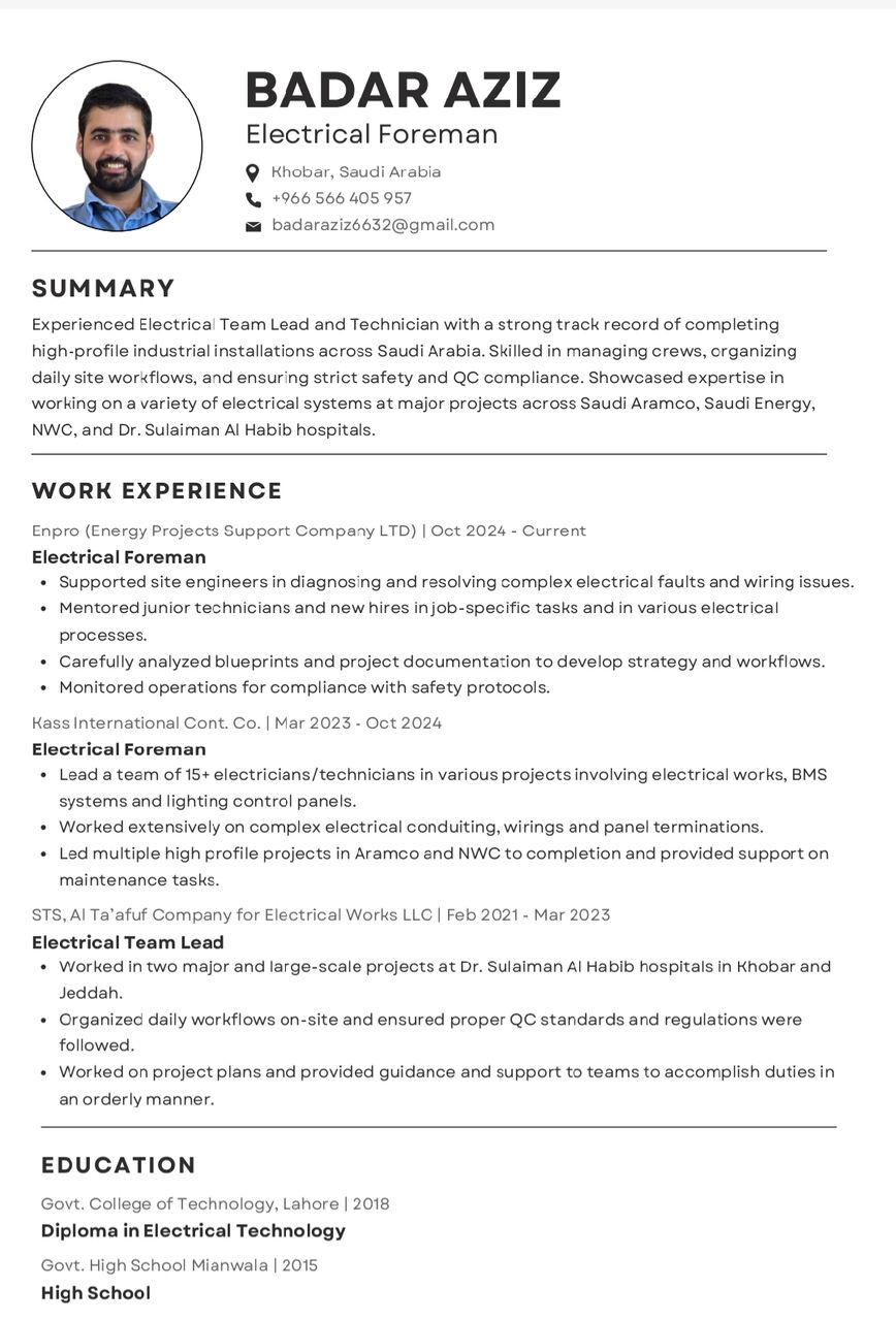 Yanbu, Job Seekers, Electrical Forman