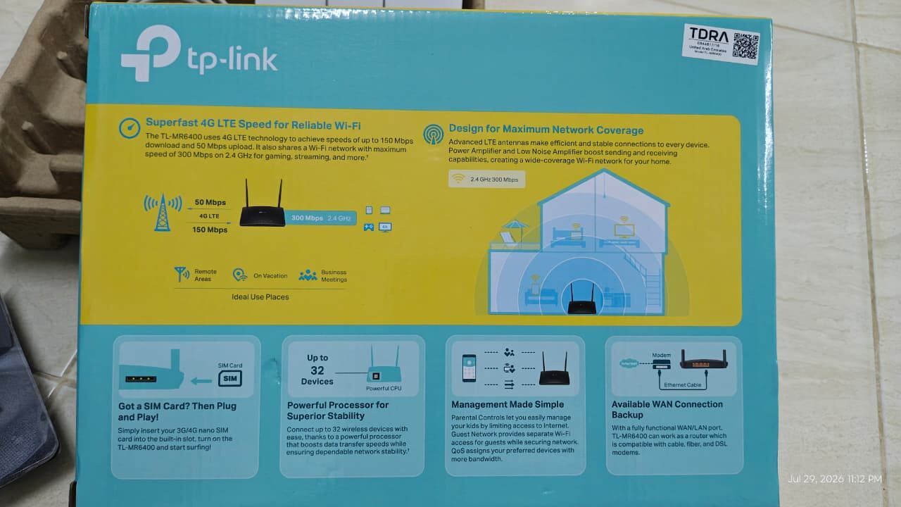 Yanbu, Electronics, SAR 170,  For Sale: TP-Link TL-MR6400 4G LTE Wi-Fi Router