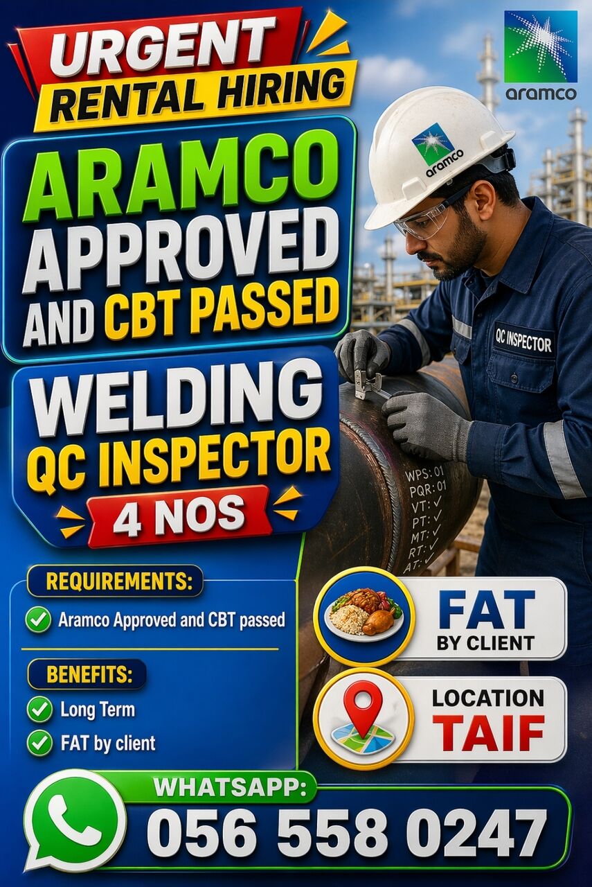 Riyadh, Jobs, Welding QC INSPECTOR Aramco Approved And CBT Passed