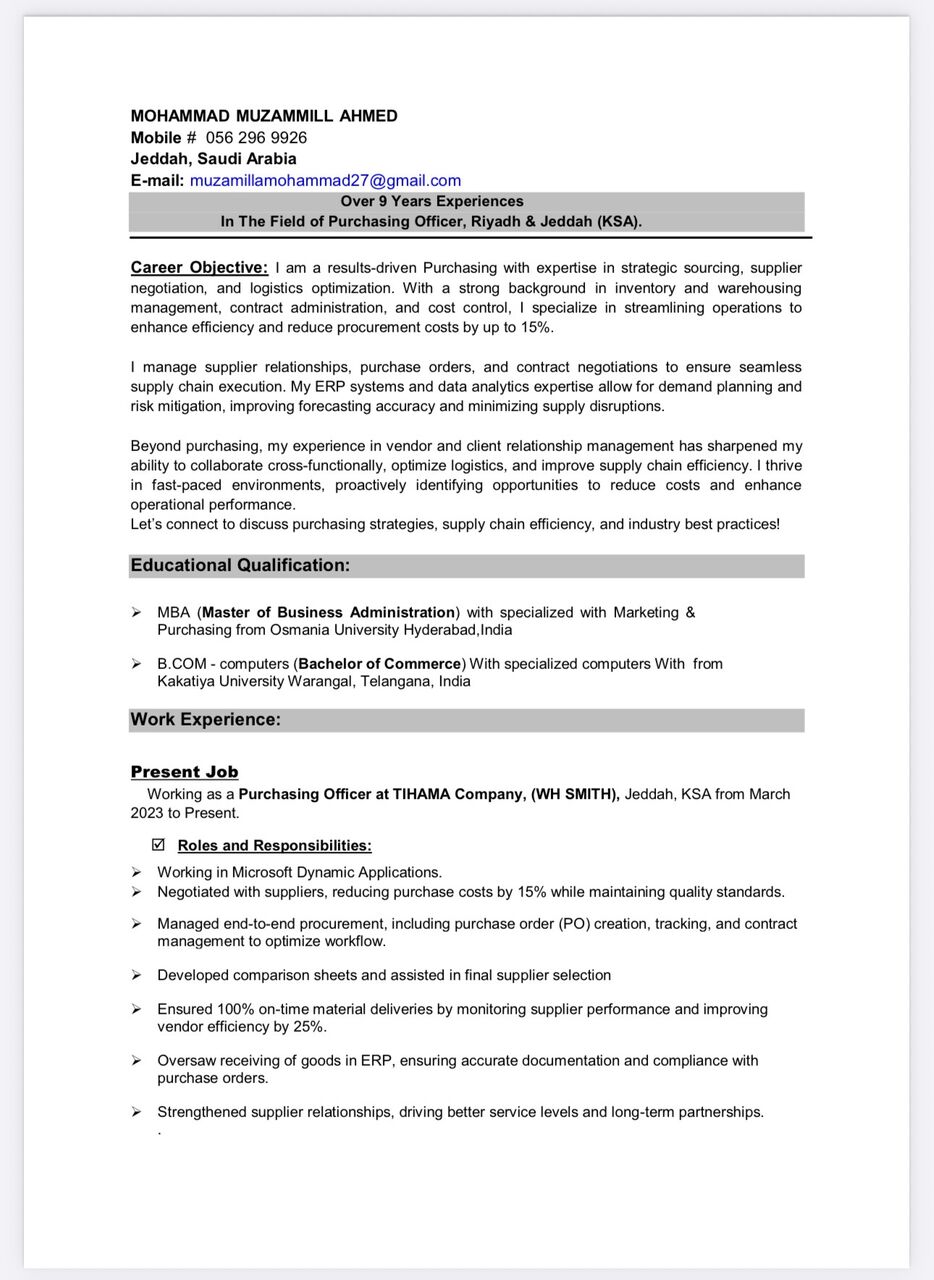 Jeddah, Job Seekers, Purchasing Officer Looking For Job