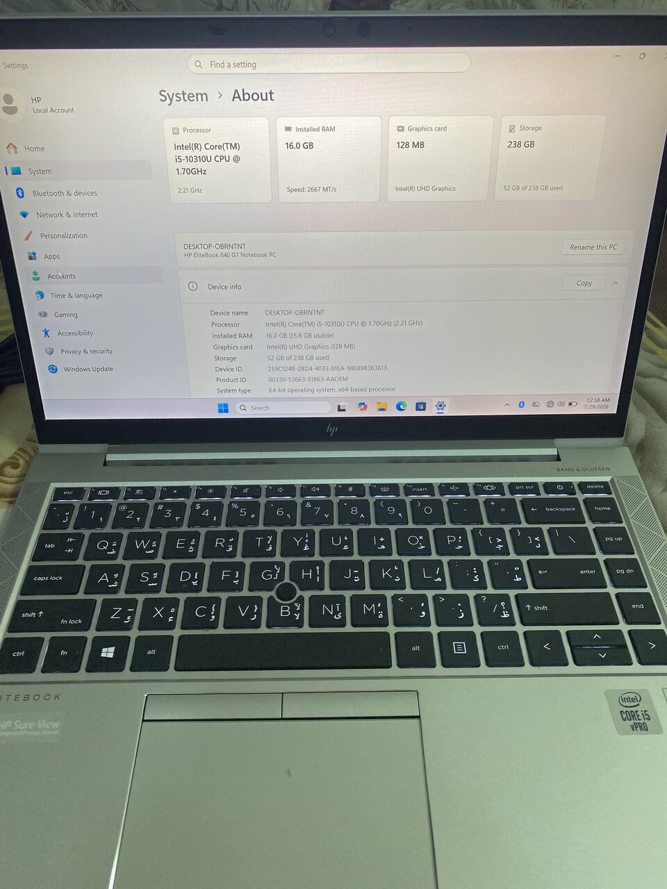 Riyadh, Computers, SAR 1150,  Hp Elitebook 840 G7, Core I5-10th Generation, 16GB RAM
