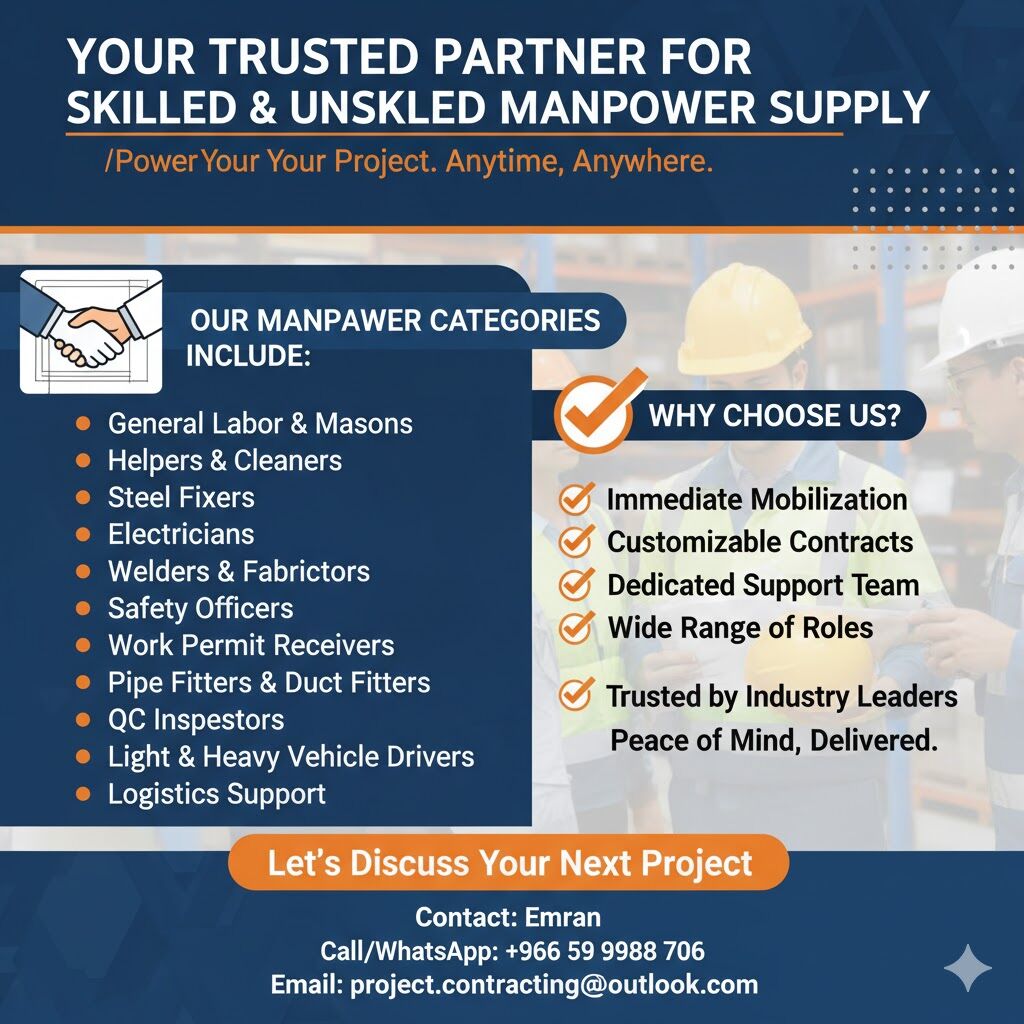 Dammam, Business, Construction Manpower Available ✅ Skilled & Unskilled ✅Short-Term & Long-Term✅0599988706.