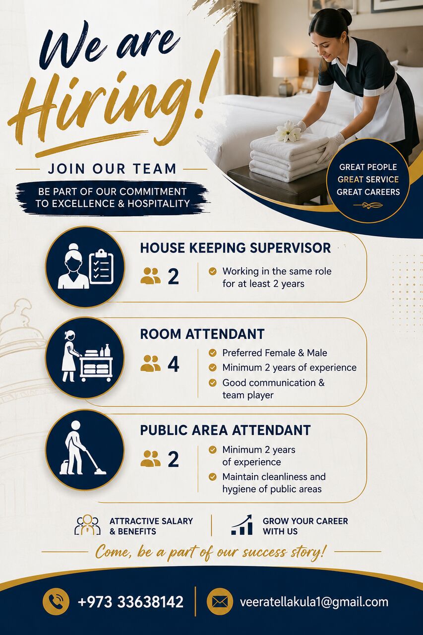 Manama, Jobs, Now Hiring: Housekeeping Supervisor, Room Attendants & Public Area Attendants