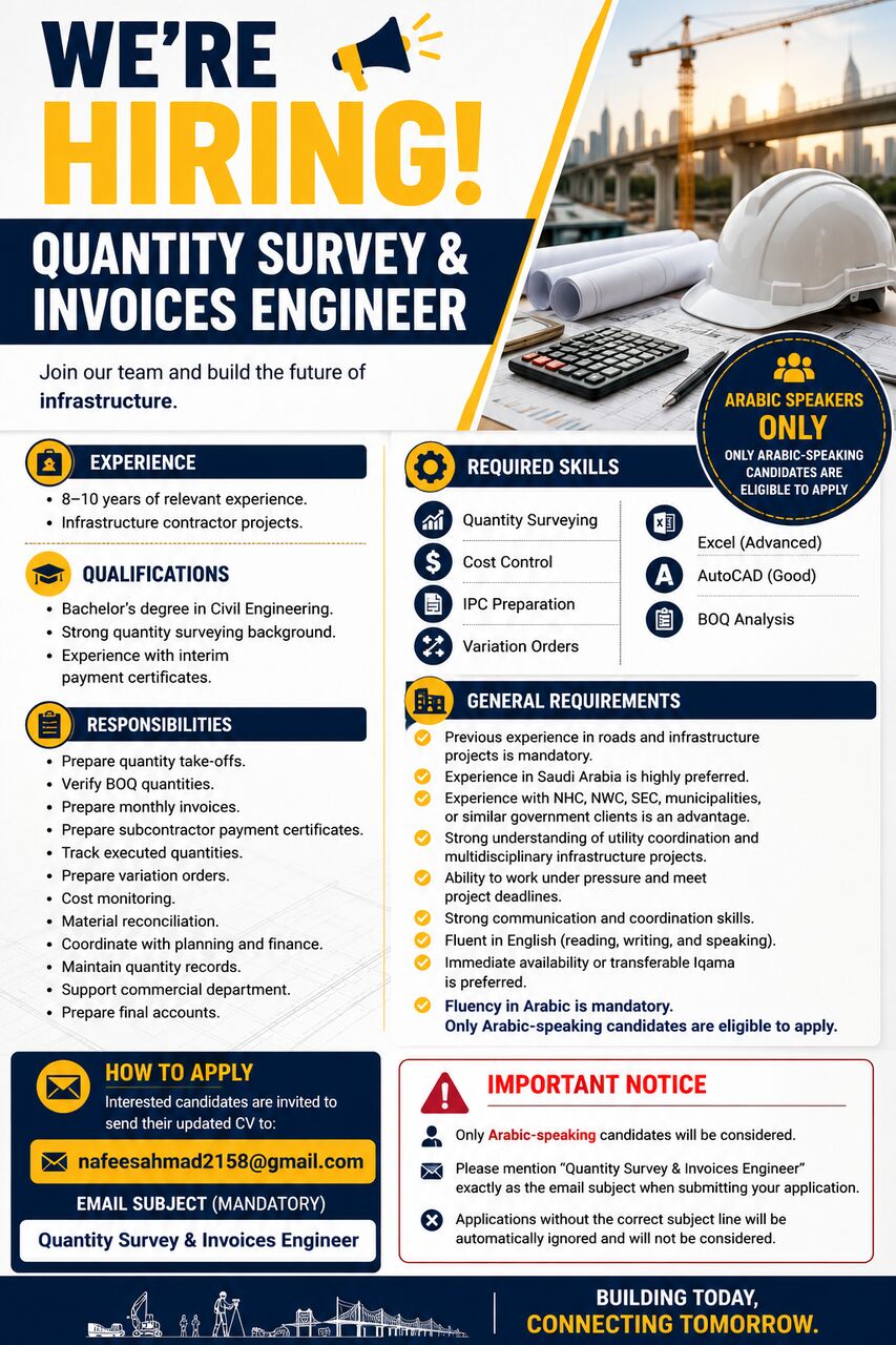 Riyadh, Jobs, Quantity Survey & Invoices Engineer