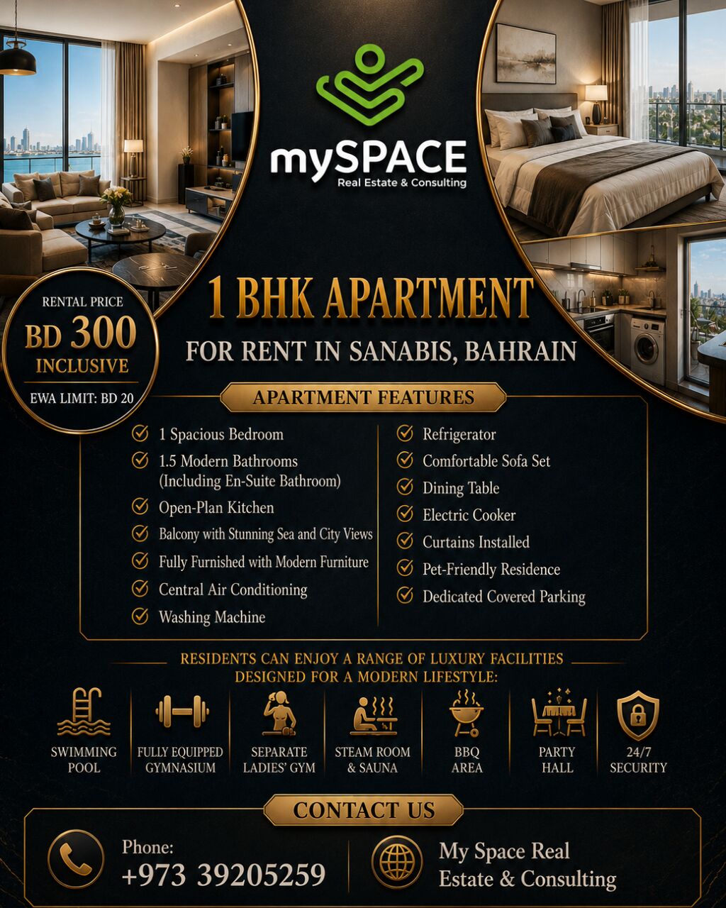 Sanabis, Apartments, Flats, Houses & Villas, BHD 300/month,  Furnished,  1 BR,  Apartment For Rent In Sanabis