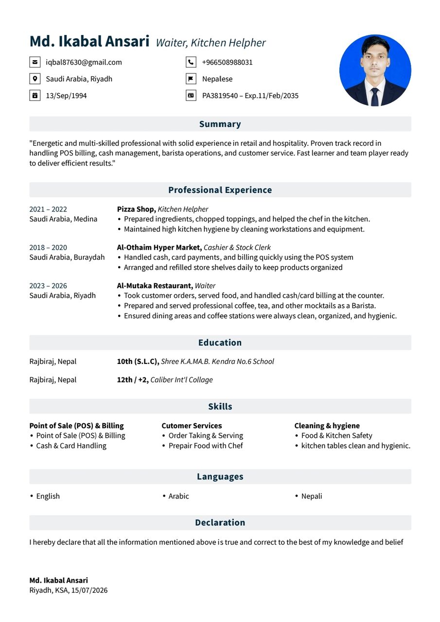 Riyadh, Job Seekers, Waiter