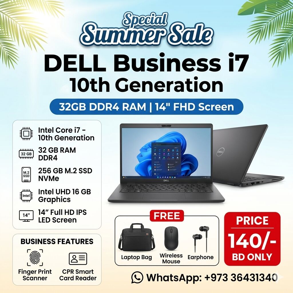 East Riffa, Computers, BHD 140,  DELL Business Core I7 10th Generation Laptop DDR4 32GB RAM 14" Full HD IPS Display 142/-BD