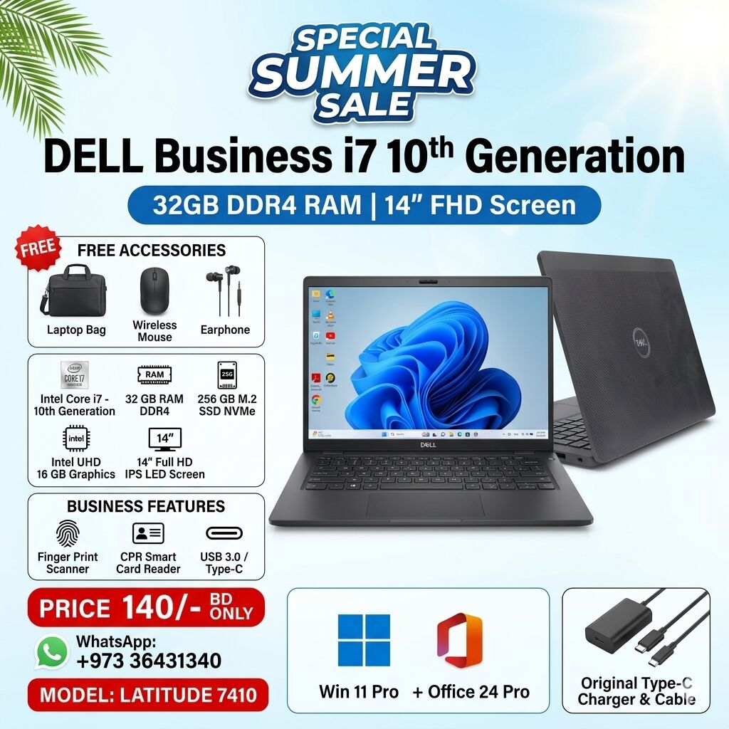 Muharraq, Computers, BHD 140,  DELL Business Core I7 10th Generation Laptop DDR4 32GB RAM 14" Full HD IPS Display 140/-BD