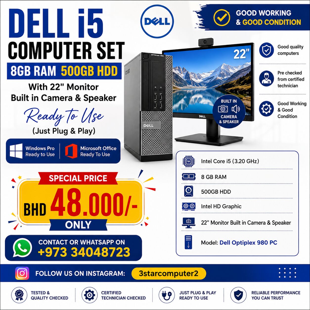 Manama, Computers, BHD 48,  DELL I5 Computer Set 8GB Ram 500GB HDD 22" Monitor Built In Camera & Speaker Win & Office