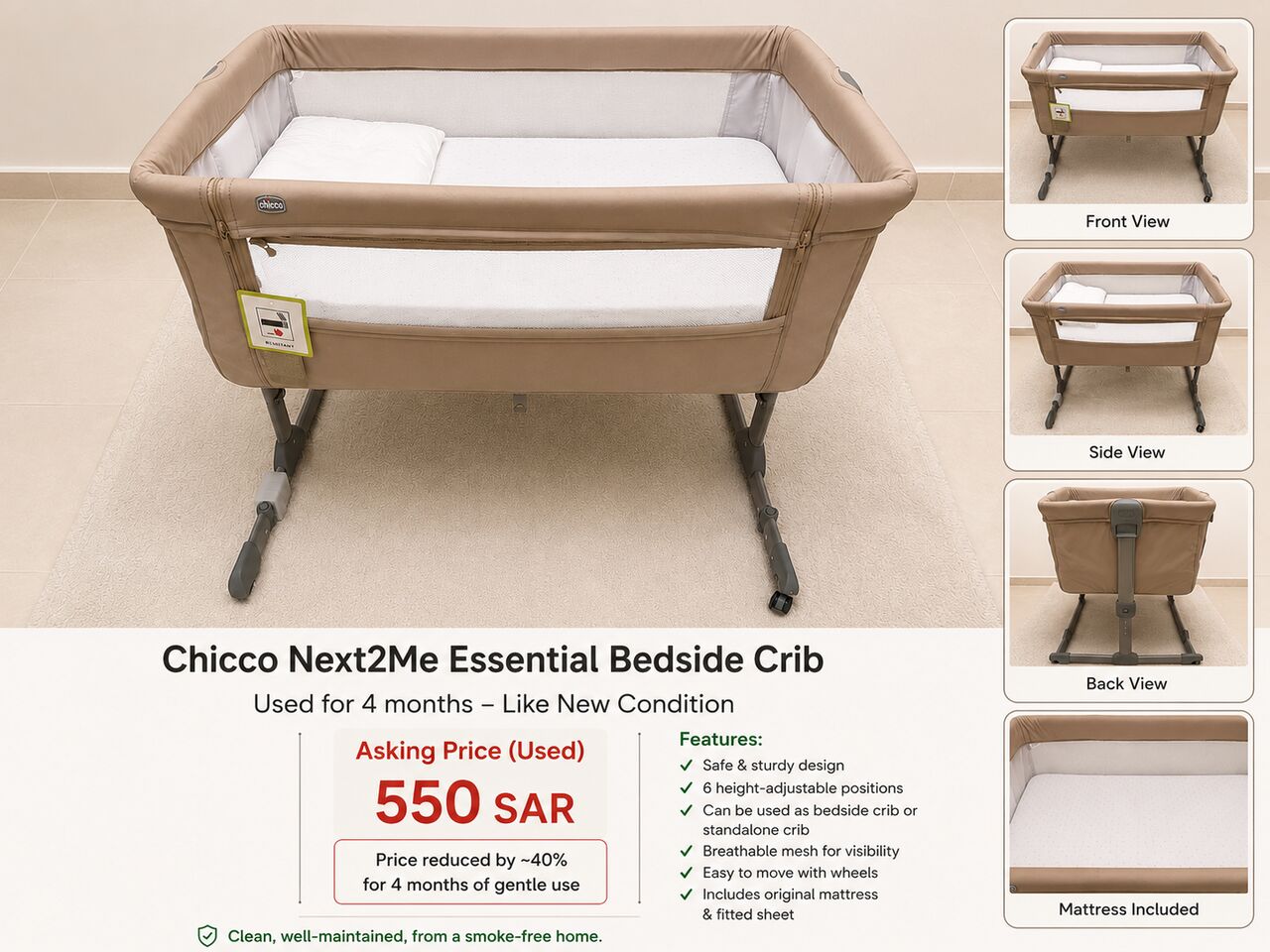 Khobar, Baby & Kid Stuff, SAR 550,  Chicco Next2Me Essential Bedside Crib + Mattress